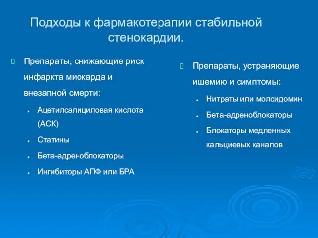 Подходы к фармакотерапии стабильной стенокардии. Препараты, снижающие риск инфаркта миокарда