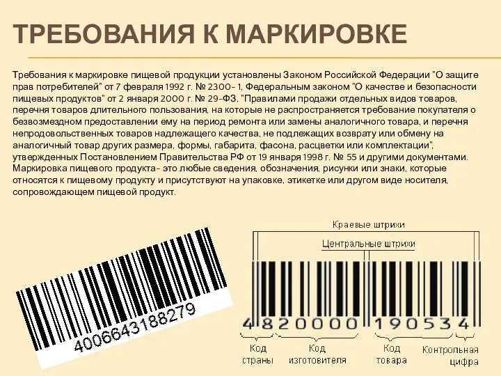 Требования к маркировке пищевой продукции установлены Законом Российской Федерации "О