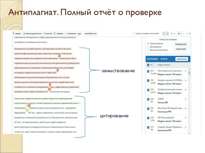 Антиплагиат. Полный отчёт о проверке заимствование цитирование