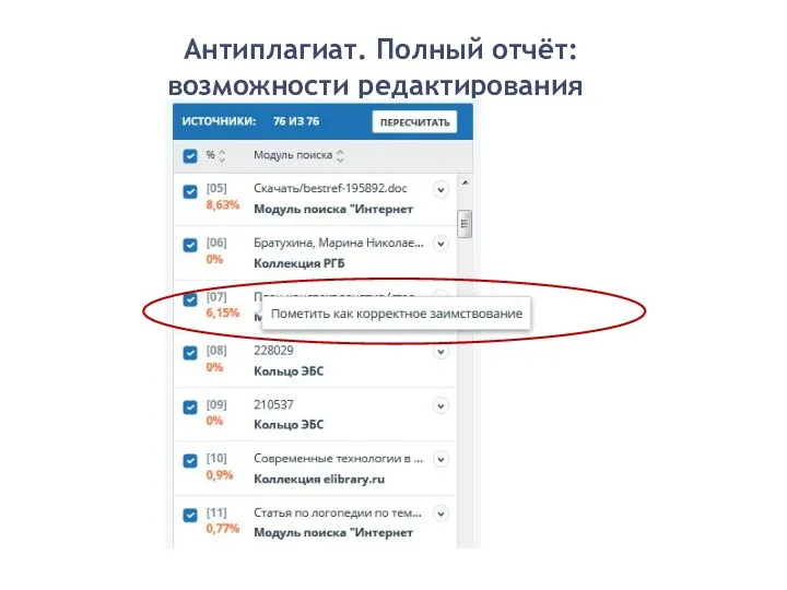 Антиплагиат. Полный отчёт: возможности редактирования