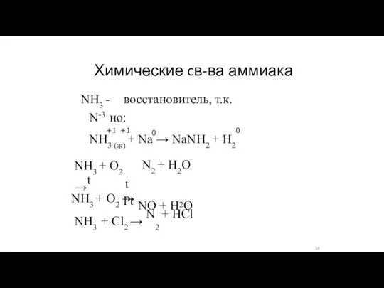Химические cв-ва аммиака NH3 - восстановитель, т.к. N-3 но: NH3