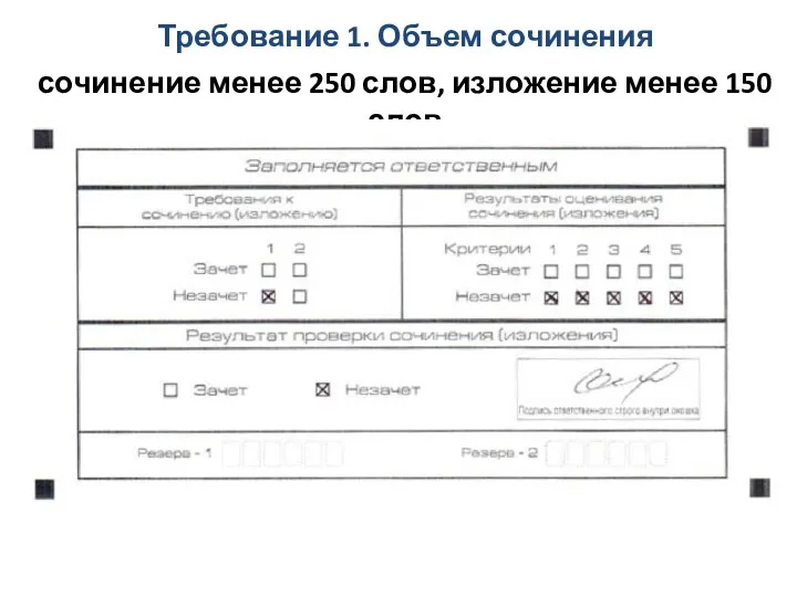 Требование 1. Объем сочинения сочинение менее 250 слов, изложение менее 150 слов