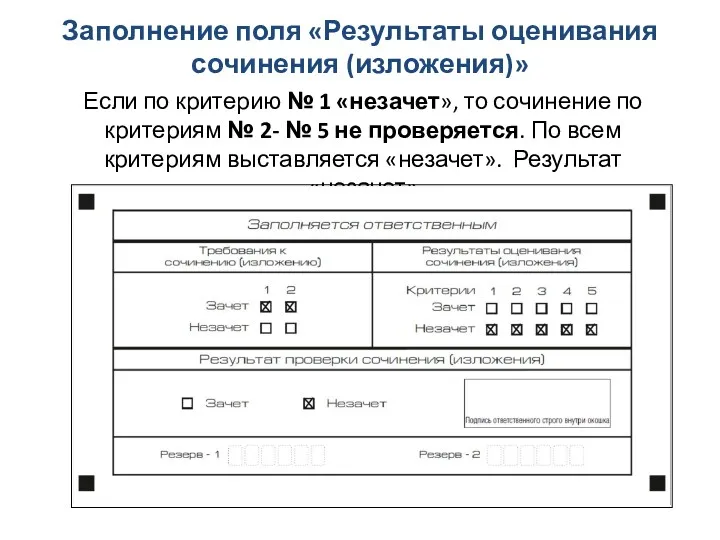 Заполнение поля «Результаты оценивания сочинения (изложения)» Если по критерию № 1 «незачет», то