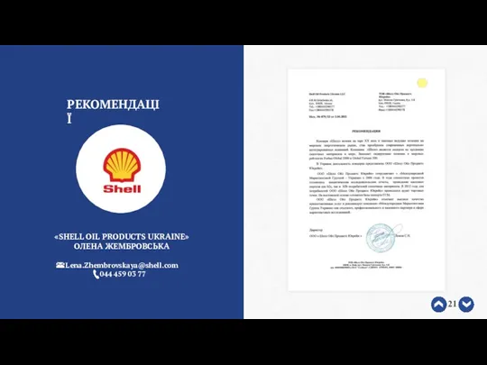 «SHELL OIL PRODUCTS UKRAINE» ОЛЕНА ЖЕМБРОВСЬКА Lena.Zhembrovskaya@shell.com 044 459 03 77 РЕКОМЕНДАЦІЇ