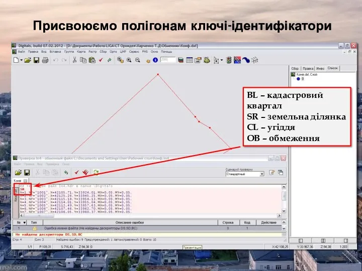 Присвоюємо полігонам ключі-ідентифікатори BL – кадастровий квартал SR – земельна