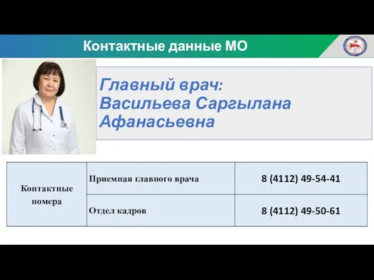 Главный врач: Васильева Саргылана Афанасьевна Контактные данные МО