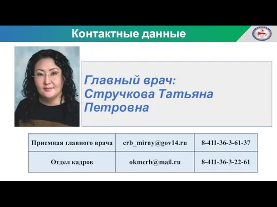 Главный врач: Стручкова Татьяна Петровна Контактные данные МО