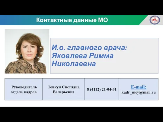 И.о. главного врача: Яковлева Римма Николаевна Контактные данные МО