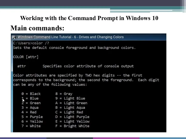Working with the Command Prompt in Windows 10 Main commands: