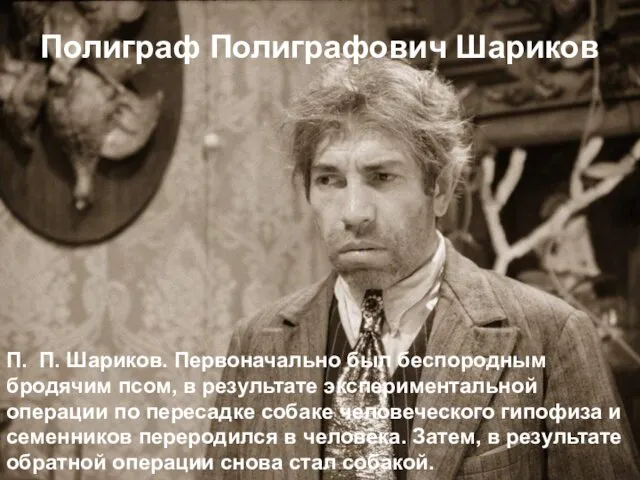 Полиграф Полиграфович Шариков П. П. Шариков. Первоначально был беспородным бродячим