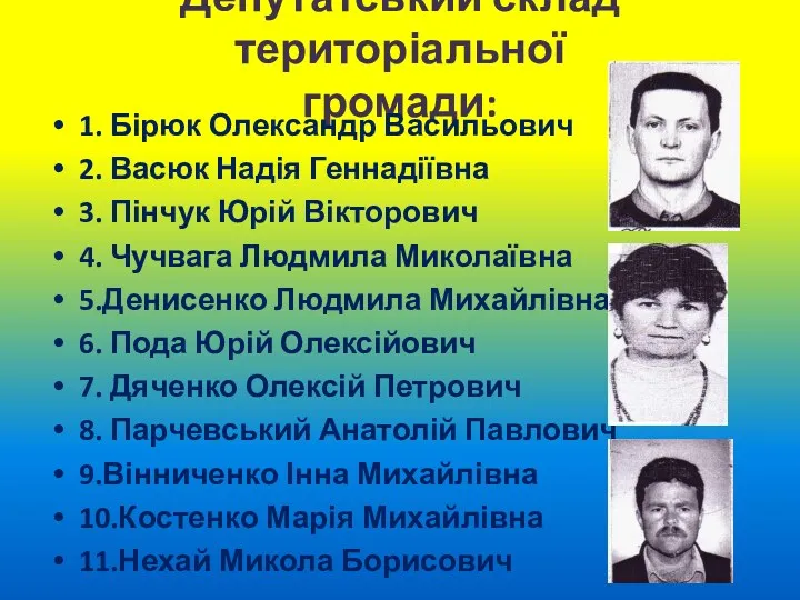 Депутатський склад територіальної громади: 1. Бірюк Олександр Васильович 2. Васюк