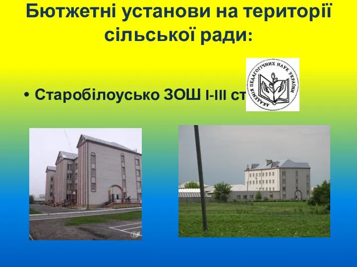 Бютжетні установи на території сільської ради: Старобілоусько ЗОШ I-III ст.