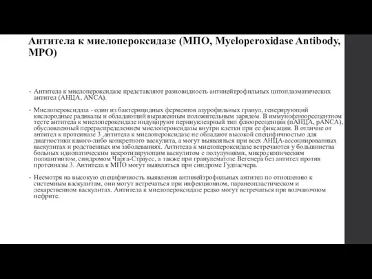 Антитела к миелопероксидазе (МПО, Myeloperoxidase Antibody, MPO) Антитела к миелопероксидазе представляют разновидность антинейтрофильных