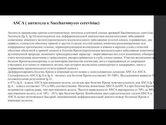 ASCA ( антитела к Saccharomyces cerevisiae) Антитела направлены против олигоманнозных эпитопов клеточной стенки