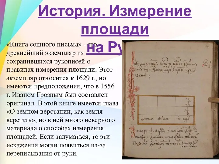 «Книга сошного письма» - это древнейший экземпляр из сохранившихся рукописей о правилах измерения