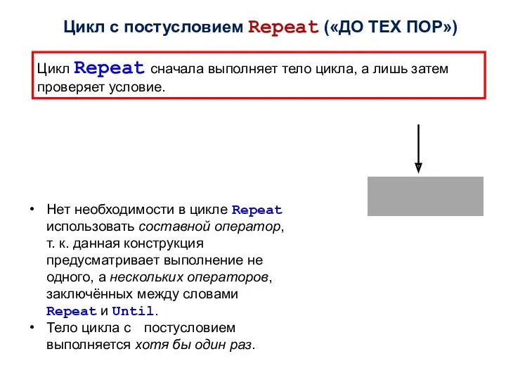 Нет необходимости в цикле Repeat использовать составной оператор, т. к. данная конструкция предусматривает
