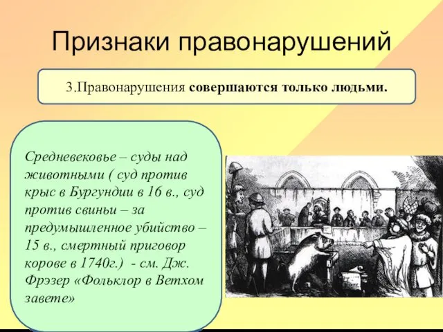 Признаки правонарушений 3.Правонарушения совершаются только людьми. Средневековье – суды над