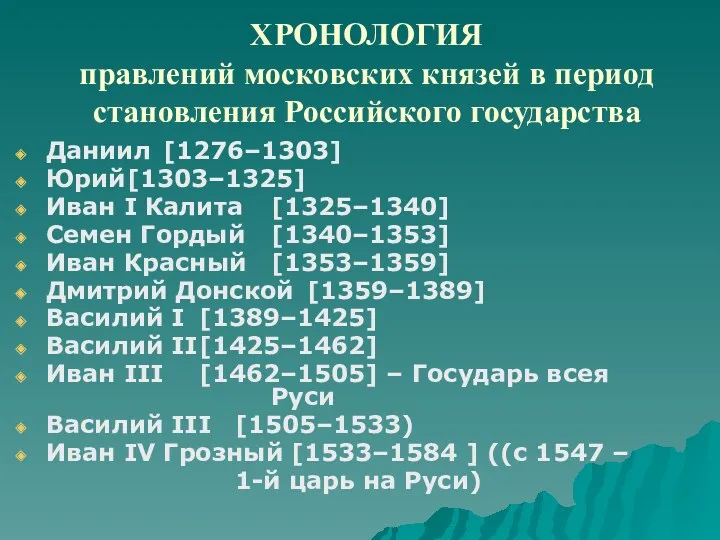 ХРОНОЛОГИЯ правлений московских князей в период становления Российского государства Даниил