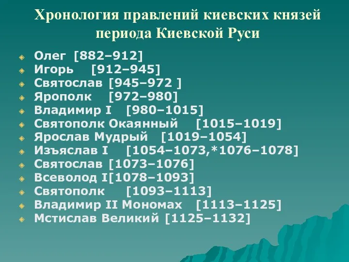 Хронология правлений киевских князей периода Киевской Руси Олег [882–912] Игорь