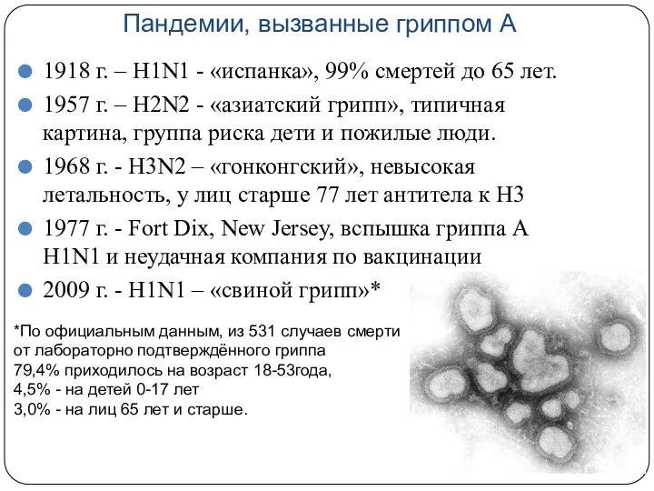 Пандемии, вызванные гриппом А 1918 г. – H1N1 - «испанка», 99% смертей до