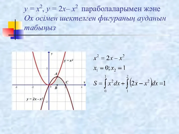 y = x2, y = 2x– x2 параболаларымен және Ox осімен шектелген фигураның ауданын табыңыз