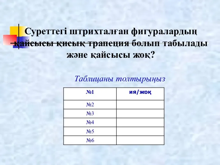 Суреттегі штрихталған фигуралардың қайсысы қисық трапеция болып табылады және қайсысы жоқ? Таблицаны толтырыңыз