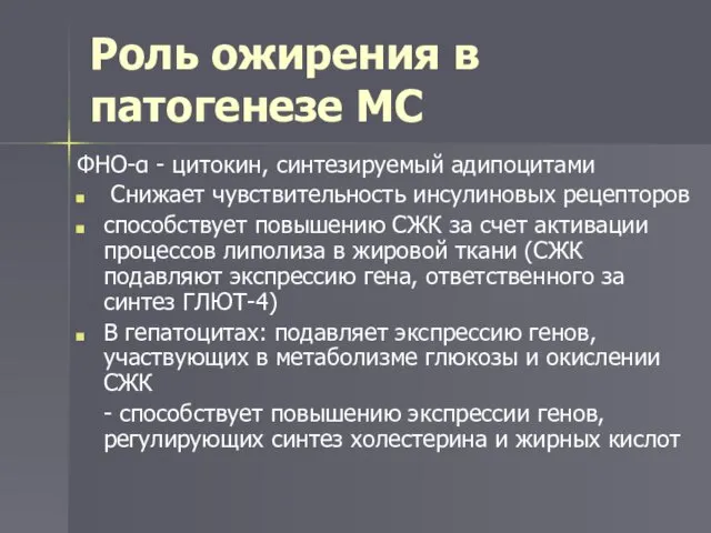 Роль ожирения в патогенезе МС ФНО-α - цитокин, синтезируемый адипоцитами Снижает чувствительность инсулиновых