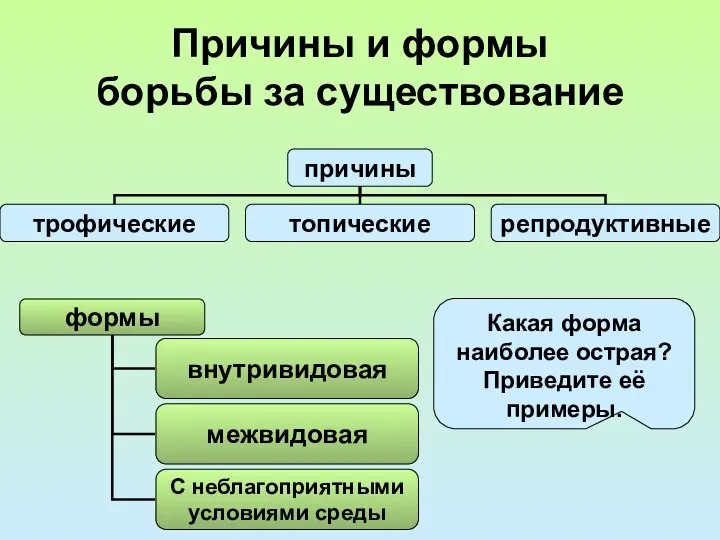 Причины и формы борьбы за существование Какая форма наиболее острая? Приведите её примеры.