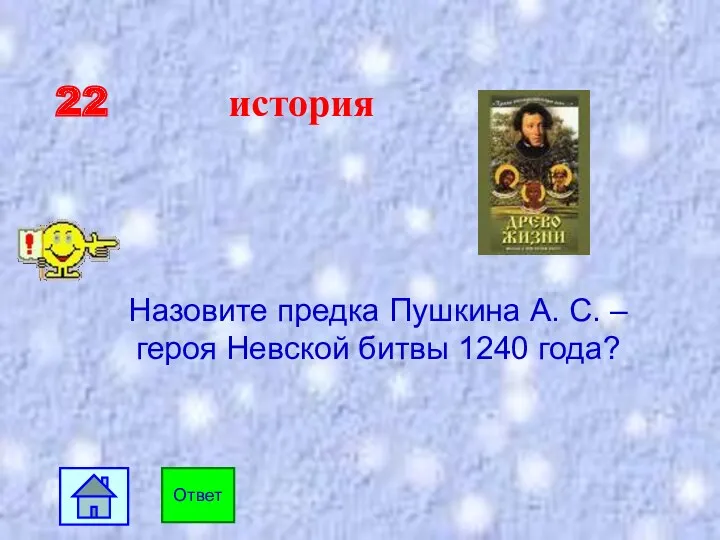 22 история Назовите предка Пушкина А. С. – героя Невской битвы 1240 года? Ответ