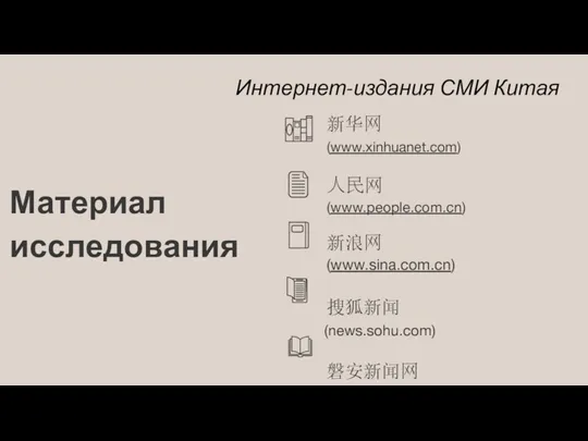 Материал исследования 新华⽹ (www.xinhuanet.com) ⼈⺠⽹ (www.people.com.cn) 新浪⽹ (www.sina.com.cn) 搜狐新闻 (news.sohu.com) 磐安新闻⽹ (www.panews.zjol.com.cn) Интернет-издания СМИ Китая