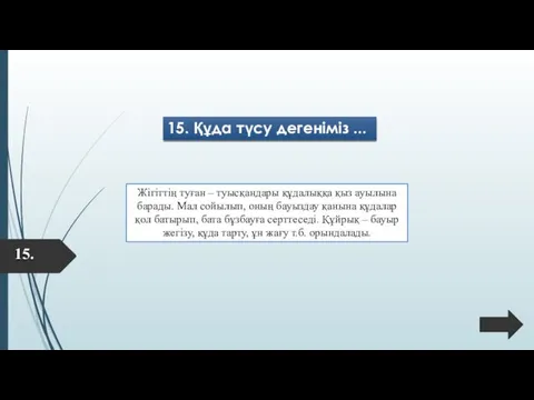 15. Құда түсу дегеніміз ... Жігіттің туған – туысқандары құдалыққа