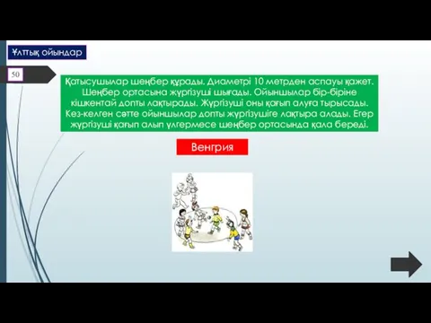 Қатысушылар шеңбер құрады. Диаметрі 10 метрден аспауы қажет. Шеңбер ортасына