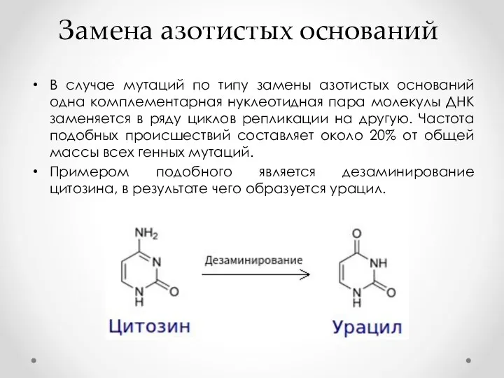 Замена азотистых оснований В случае мутаций по типу замены азотистых