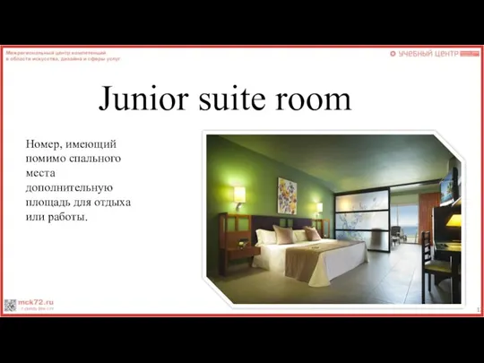 Junior suite room Номер, имеющий помимо спального места дополнительную площадь для отдыха или работы.