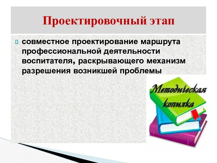 совместное проектирование маршрута профессиональной деятельности воспитателя, раскрывающего механизм разрешения возникшей проблемы Проектировочный этап