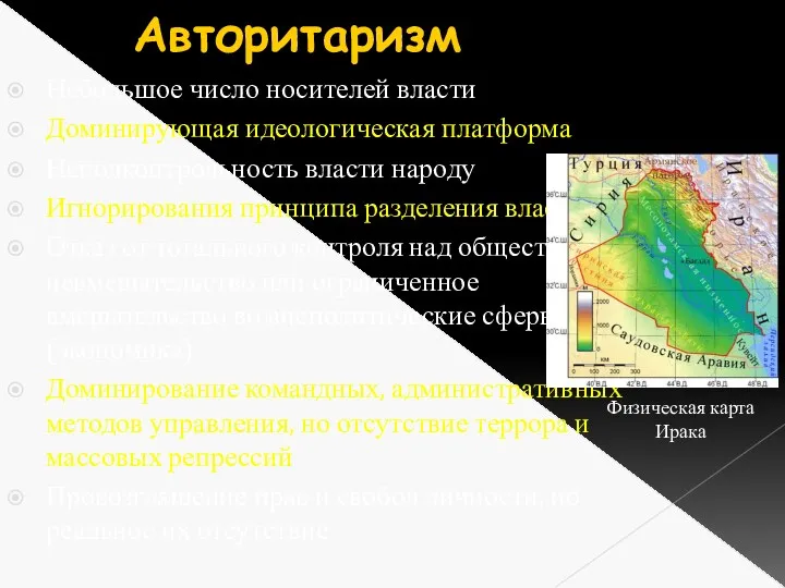 Авторитаризм Небольшое число носителей власти Доминирующая идеологическая платформа Неподконтрольность власти