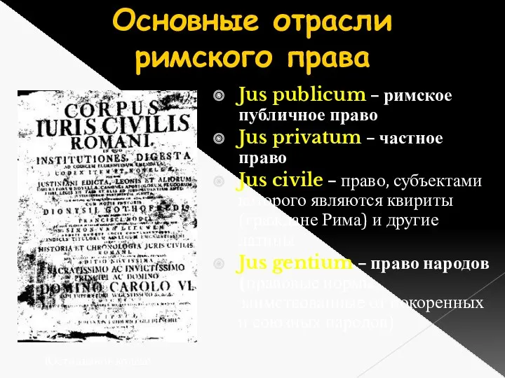 Основные отрасли римского права Jus publicum – римское публичное право