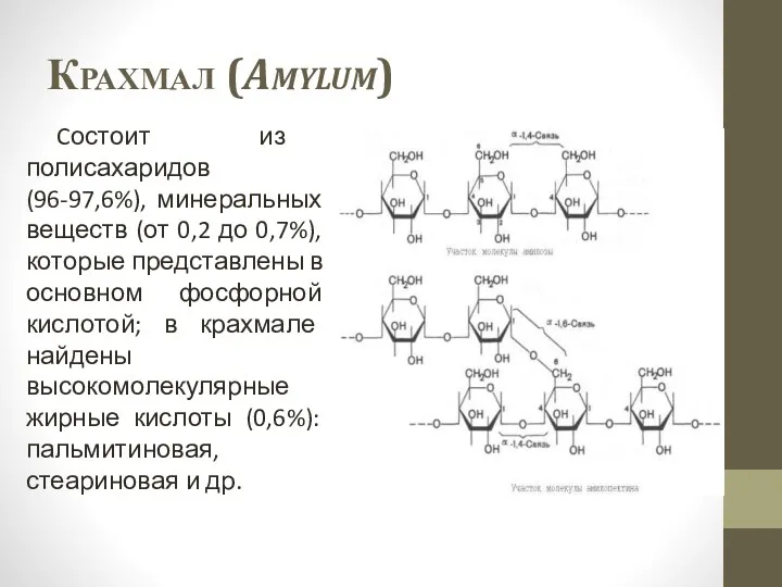 Крахмал (Amylum) Cостоит из полисахаридов (96-97,6%), минеральных веществ (от 0,2