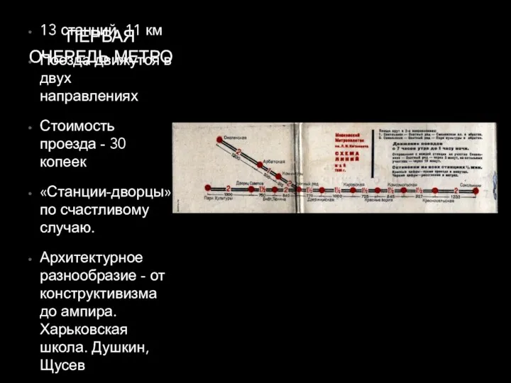 ПЕРВАЯ ОЧЕРЕДЬ МЕТРО 13 станций, 11 км Поезда движутся в