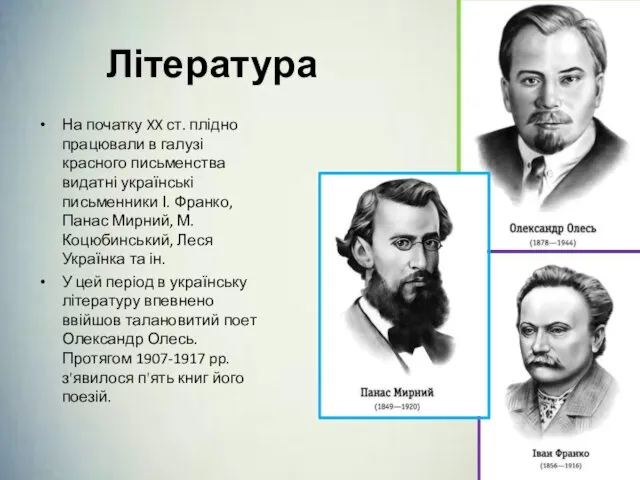 Література На початку XX ст. плідно працювали в галузі красного