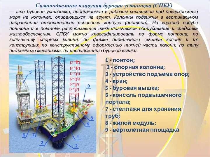 Самоподъемная плавучая буровая установка (СПБУ) — это буровая установка, поднимаемая