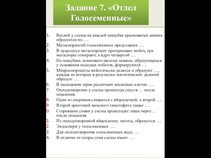 Задание 7. «Отдел Голосеменные» Весной у сосны на каждой чешуйке