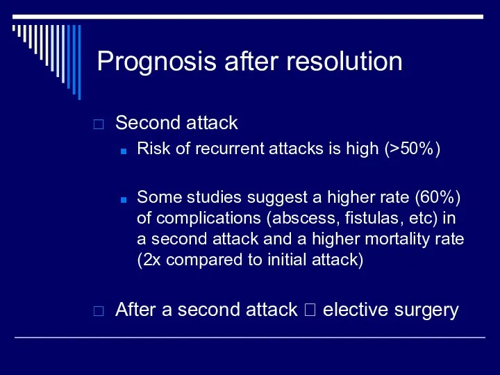 Prognosis after resolution Second attack Risk of recurrent attacks is