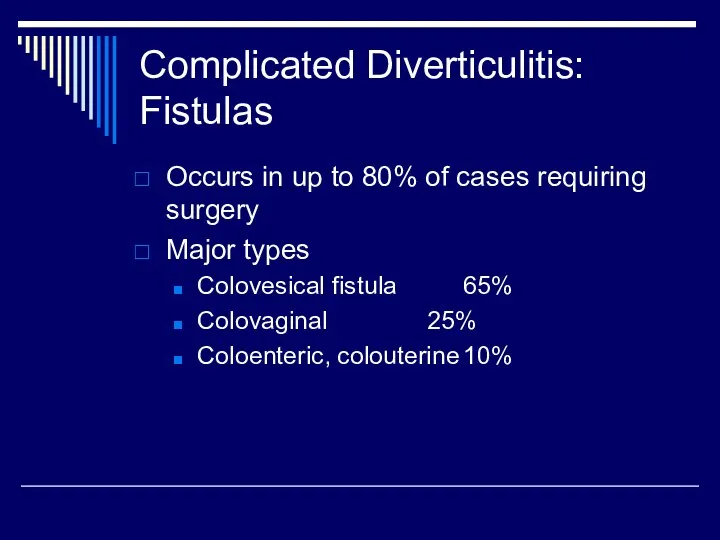 Complicated Diverticulitis: Fistulas Occurs in up to 80% of cases