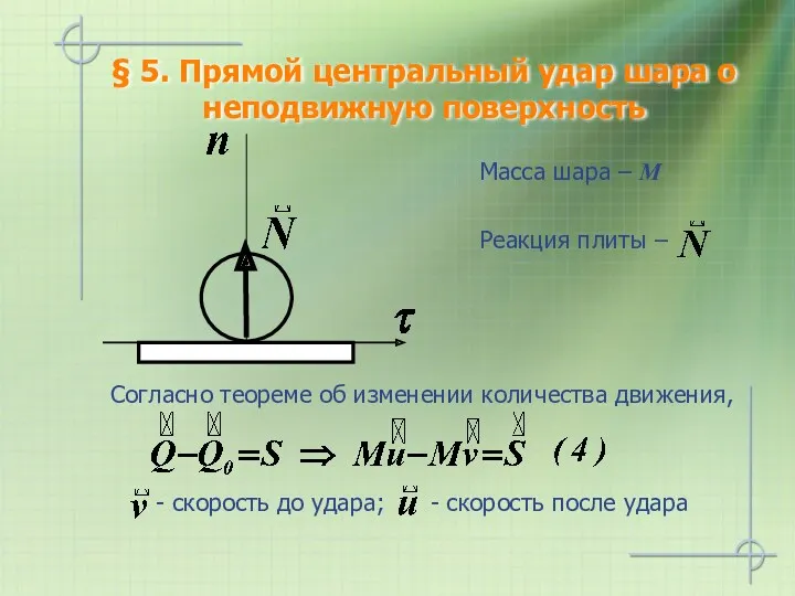 § 5. Прямой центральный удар шара о неподвижную поверхность Масса