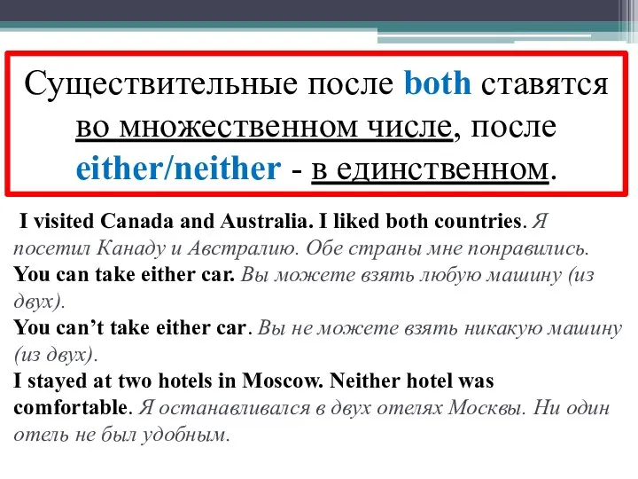 Существительные после both ставятся во множественном числе, после either/neither -