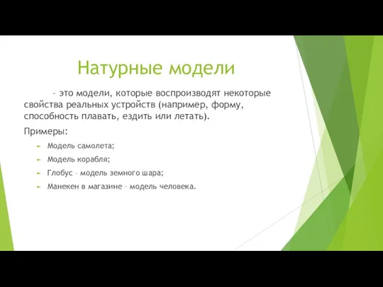 Натурные модели – это модели, которые воспроизводят некоторые свойства реальных