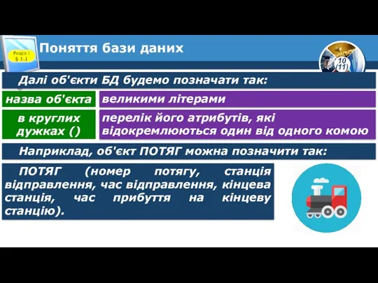 Поняття бази даних Розділ 1 § 1.1 Далі об'єкти БД