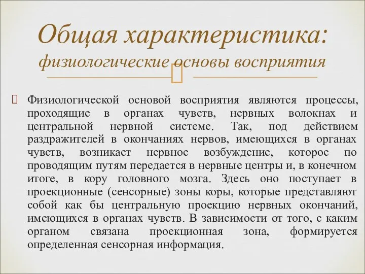 Физиологической основой восприятия являются процессы, проходящие в органах чувств, нервных