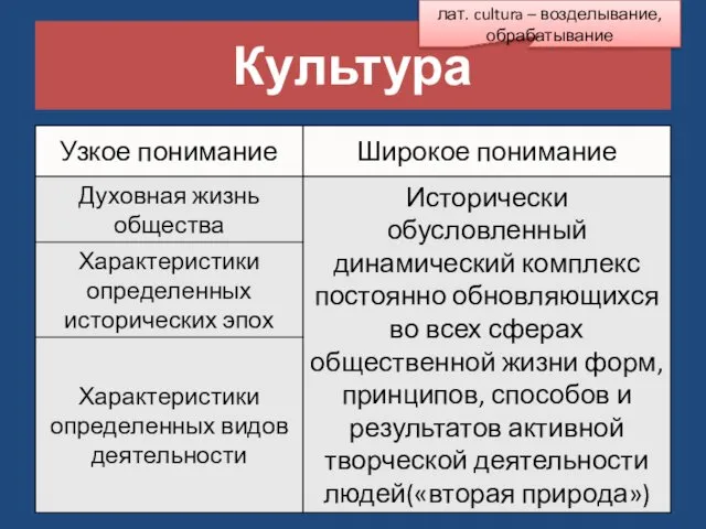 Культура лат. cultura – возделывание, обрабатывание